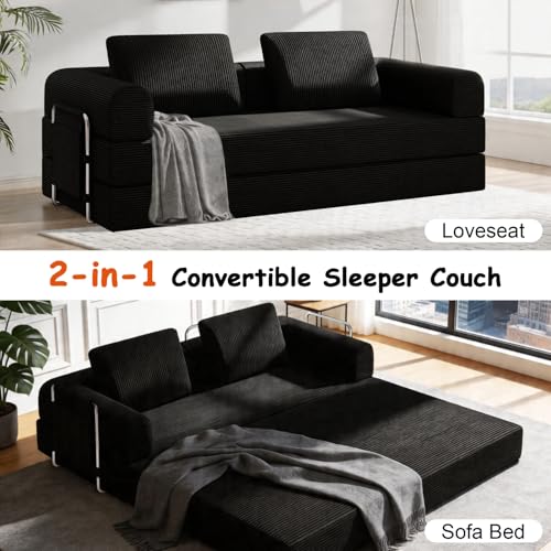78" Convertible Sofa Bed, Corduroy Pull Out Couch with Fixed Frame & Pocket | 5-in-1 Boneless Sleeper Sofa, Couch Bed with 2 Pillows, Living Room, Small Spaces, Bedroom, No Assembly - color: 78''black