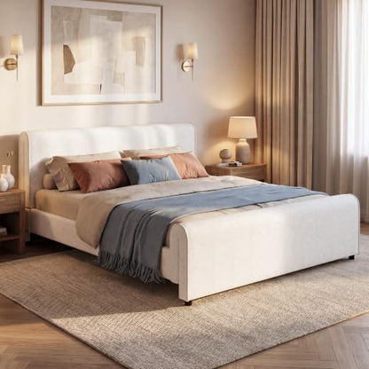 Merax King Size Luxury Bouclé Upholstered Bed Frame, White | Modern Curved Platform Bed with Rounded Headboard & Footboard, No Box Spring Needed, Solid Wood Slats Support, Easy Assembly - size: King