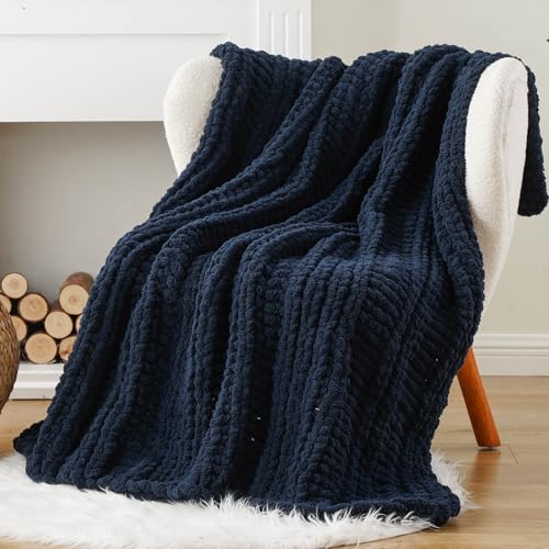 Battilo Chunky Knit Throw Blanket for Couch, 50"x60", Navy Blue | Hand Knit, Gift Blanket, Cozy Warm Thick Soft Chenille Throw Blanket for Bed, Sofa, Chair, Living Room - color: Navy