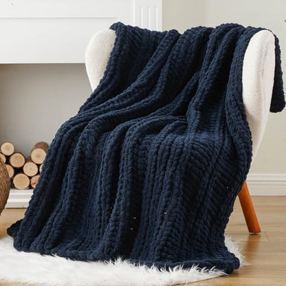 Battilo Chunky Knit Throw Blanket for Couch, 50"x60", Navy Blue | Hand Knit, Gift Blanket, Cozy Warm Thick Soft Chenille Throw Blanket for Bed, Sofa, Chair, Living Room - color: Navy