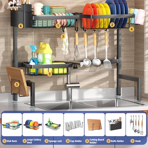 SNSLXH 2-Tier Over The Sink Dish Drying Rack, Kitchen Dish Drying Rack | Large Dish Drying Rack, Suitable for Most Sinks, Kitchen Drying Rack（26.57"-35"） - size: 2 tiers 3 baskets