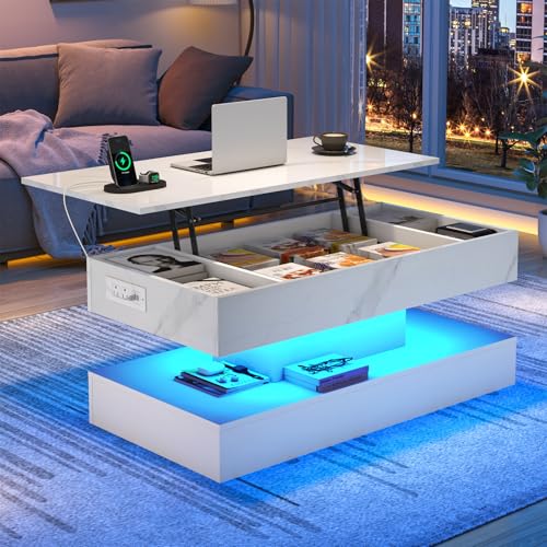 chartustriable 39.4" Large Lift Top Coffee Table, Modern LED High Glossy Coffee Table with Storage for Living Room, Lift Up Living Room Center Tables with Charging Station, LED Lights, White - color: White, size: 39.4"