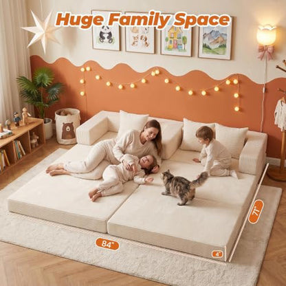 6-in-1 Boneless Couches Modular Sectional Sofa | Cloud Couch Sectional & Tri-Folding Mattress | Corduroy Pet-Friendly Convertible Sofa Bed with 800LB Capacity Living Room, Apartment, Guest Room - color: Beige
