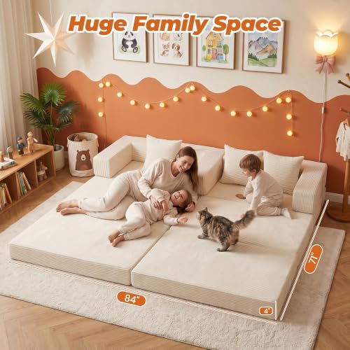 6-in-1 Boneless Couches Modular Sectional Sofa | Cloud Couch Sectional & Tri-Folding Mattress | Corduroy Pet-Friendly Convertible Sofa Bed with 800LB Capacity Living Room, Apartment, Guest Room - color: Beige