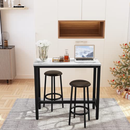AWQM 39.3" Bar Table Set of 2,Faux Marble Pub Height Table and Chairs Set of 2 with Upholstered Stools,3 Piece Bar Table and Chairs Set Dining Table Set for Living Room,Kitchen,Bar,White & Brown - style: Modern 39.3"