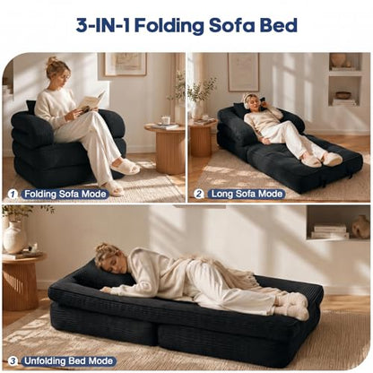 Folding Sofa Bed, Convertible Sleeper Chair with Armrests for Adults, Foldable Corduroy Boneless Bed, 3-in-1 Portable Futon Couch Floor Sofa with Pillow for Bedroom, Living Room, Black