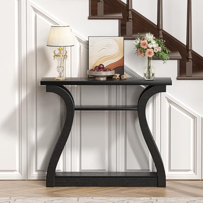 Wood Console Table, 3-Tier Accent Sofa Table (Black) | 47" Entry Table with Curved Legs, 3-tier Shelf Modern Accent Sofa Table for Entrance Area, Living room, Hallway - color: Black