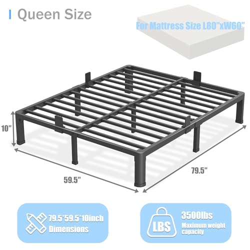 10 inch Queen Bed Frame with Round Corner Legs Mattress Slide Stopper,Low Profile Heavy Duty Metal Platform,Steel Slats Support,No Box Spring Needed,Easy Assembly,Noise Free - size: Queen, style: 10 inch