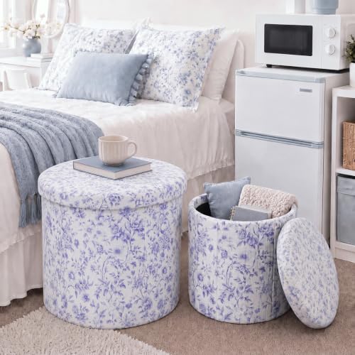 Geetery 2 Pcs Dorm Ottoman with Storage Set Blue Floral Ottoman | Vanity Stool with Storage for Bedroom Coffee Table Small Coquette Foot Stool for Girls Living Room College Dorm Essentials - style: Blue and White Flowers Pattern