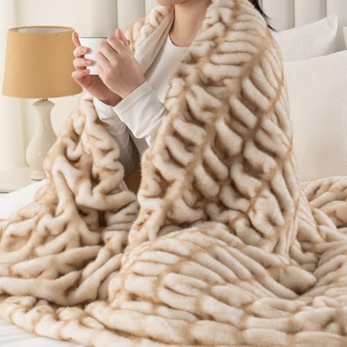 Battilo Faux Fur Throw Blanket for Couch, Soft Fluffy Ruched Fur Blanket, Cozy Thick Warm Fuzzy Decorative Yellow Blanket for Bed Chair Sofa 50"x60"(Tip Dye Yellow) | Soft Reversible Faux Rabbit Fur with Yellow-Tipped Detail, Thick and Cozy for Couch, Bed