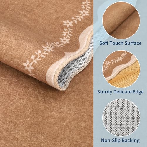 GarveeHome 2x6 Scalloped Washable Runner Rug Non Slip Hallway Kitchen Rug | Soft Brown Runner Entryway Rug Farmhouse Thin Laundry Mat Stain Resistant Carpet for Bedroom Bathroom Beside Rug - color: Brown, size: 2' x 6' (Rectangular)