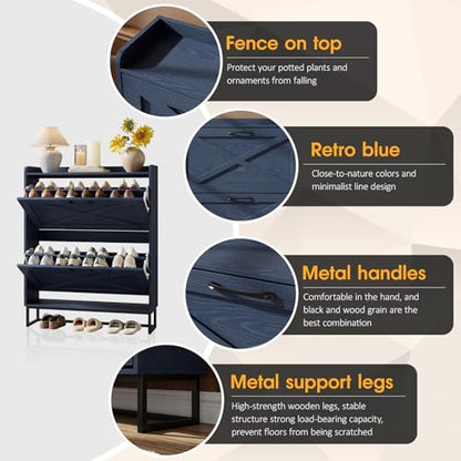Maupvit Shoe Storage Cabinet with 2 Flip Drawers, Freestanding Shoe Organizer with Metal Legs for Entryway, Narrow Shoe Rack Cabinet, Blue - color: Blue, style: 2-Drawers
