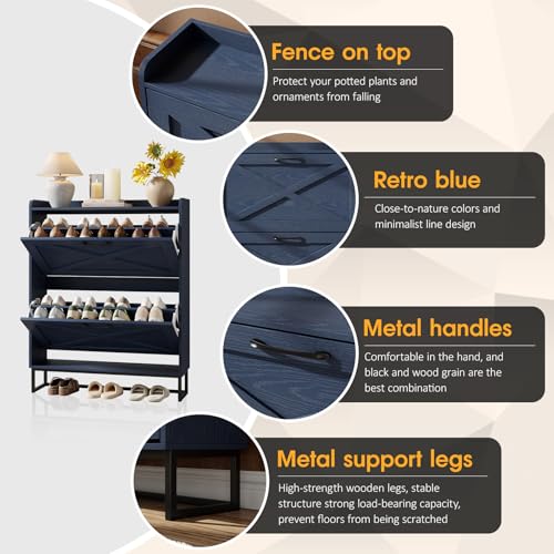 Maupvit Shoe Storage Cabinet with 2 Flip Drawers, Freestanding Shoe Organizer with Metal Legs for Entryway, Narrow Shoe Rack Cabinet, Blue - color: Blue, style: 2-Drawers