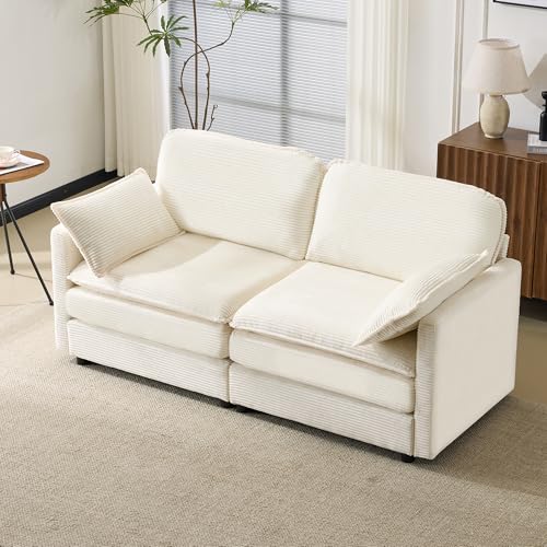 69.3" Plush Cloud Loveseat Sofa, Modular 2-Seater Sectional Couch, 22" Chenille Cushions & 2 Pillows, Corduroy Upholstered Sofa for Living Room Bedroom Apartment, Beige