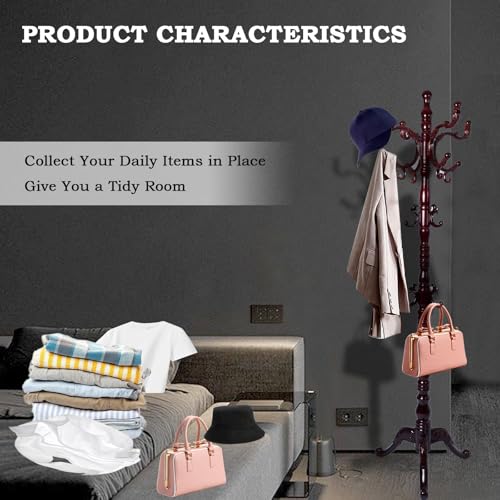Coat Racks FreeStanding with 14 Hooks, Natural Wood Coat Rack with Solid Round Base, Adjustable Height Coat Racks, Easy Assembly for Hallway, Bedroom and Office (Reddish brown-Tri-Legged Base) - color: Reddish brown-Tri-Legged Base