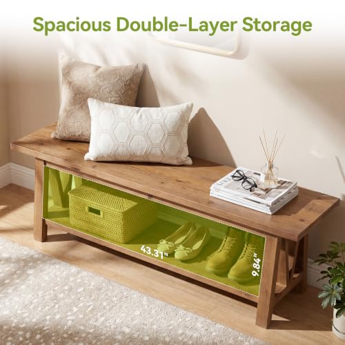 LITTLE TREE 55" Solid Wood Entryway Bench with Storage Shelf | Farmhouse Rustic Shoe Storage Bench Seat for Hallway, Living Room, Bedroom & Mudroom