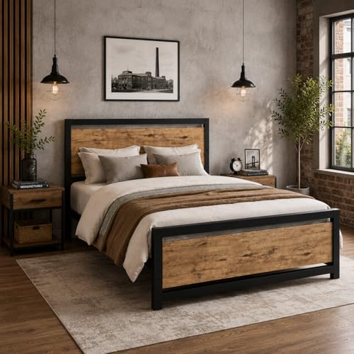 Full Size Bed Frame with Headboard, Full Metal Platform Bed Frame with Steel Slat Support, 10.5 in Storage Clearance, No Box Spring Needed, Easy Assembly, Black Brown - color: Black&brown, size: Full