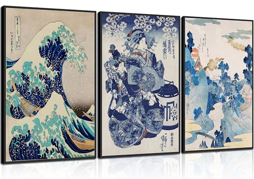 3Pcs Japanese Wall Art Great Wave Hokusai Canvas Pictures Kanagawa Paintings Blue Asian Landscape Posters Prints for Room Office Bathroom Home Wall Decor Gifts for Japan Lovers Unframed - color: Waves Posters, size: 16"Lx12"W