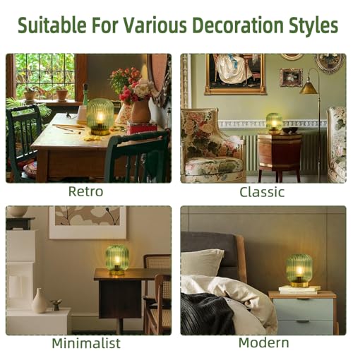 MJ PREMIER Rechargeable Table Lamp,Cordless Lamp with Memory Function,Green | Small Glass LED Lamp with Dimmable Brightness, Decorative Touch Lamps for Bedroom Living Room