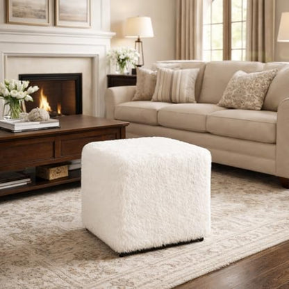 HomePop 16" Cube Ottoman - White Faux Fur - color: White Faux Fur