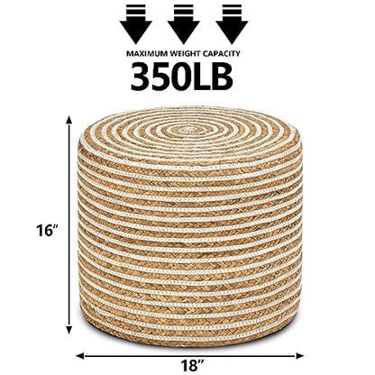 Wimarsbon 18'' Ottoman Pouf, Natural Braided Poof, Rustic Handweave Lounge Pouffe, Boho Footrest Stool for Bedroom, Accent Table or Seat for Living Room (Natural Water Hyacinth + White Cotton Rope) - color: 18inch Natural Water Hyacinth + White Cotton Rop