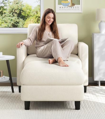 Welzona Sofa Accent Chair with Ottoman, 33" Teddy Reading Chair and Ottoman | Comfy Teddy Fabric, Tool-free Setup, Washable Covers, All-wood Chair and Ottoman Sets for Living Room, Bedroom, Beige - color: Beige, size: standard & ottoman