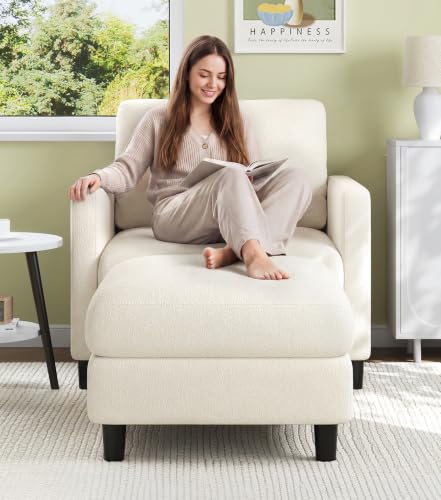Welzona Sofa Accent Chair with Ottoman, 33" Teddy Reading Chair and Ottoman | Comfy Teddy Fabric, Tool-free Setup, Washable Covers, All-wood Chair and Ottoman Sets for Living Room, Bedroom, Beige - color: Beige, size: standard & ottoman