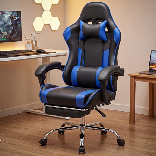 Sweetcrispy Gaming Chair with Footrest, Ergonomic Lumbar Support Desk Chair | High Back Ergonomic, PU Leather, Adjustable Headrest, Linkage Armrest, Height Adjustable, 360 Swivel, Blue - color: Pu Blue