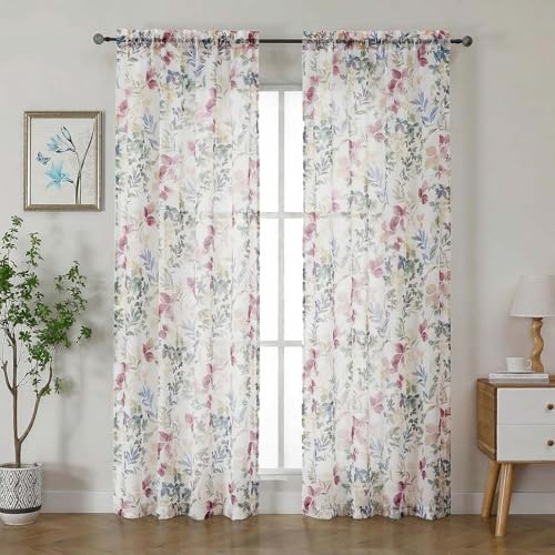 Crushed Sheer Curtains, 96 Inches Long, 2 Panels Set, Floral Printed Drapes for Living Room, Rod Pocket, Light Filtering Farmhouse Window Sheers Purple, (2 Panels, 42" x 96") - color: Purple/Multi, size: 42"W x 96"L (Pack of 2)