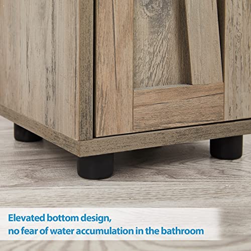 Bathroom Cabinet with Adjustable Shelf, Storage Cabinet for Small Space, Tall Bathroom Storage Cabinet with Retractable Toilet Paper Rod, Narrow Cabinet with 2 Doors, 8 Compartment, Brown Gray