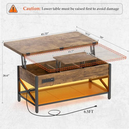 Aheaplus Coffee Table Lift Top with LED Light and Power Outlet, Multi-Function Coffee Table Converts to Dining Table, Center Table with Shelves for Living Room Reception Home Office, Rustic Brown - color: Rustic Brown