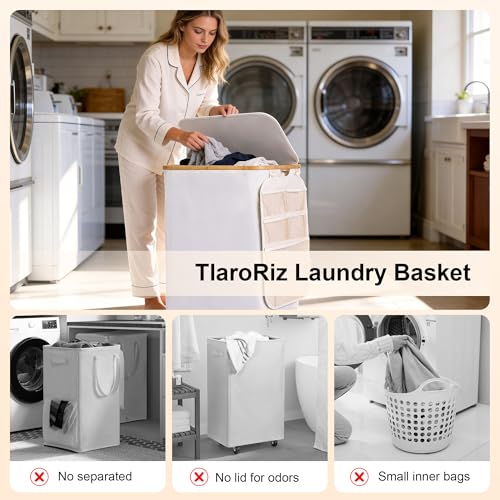 Laundry Basket 160L Laundry Hamper 3 Section, Large 42.3 Gal Separated Laundry Hamper with Lid & Removable Liners, laundry organizer with 6 Pockets & Handles for Bedroom Laundry Room, Beige - color: Beige