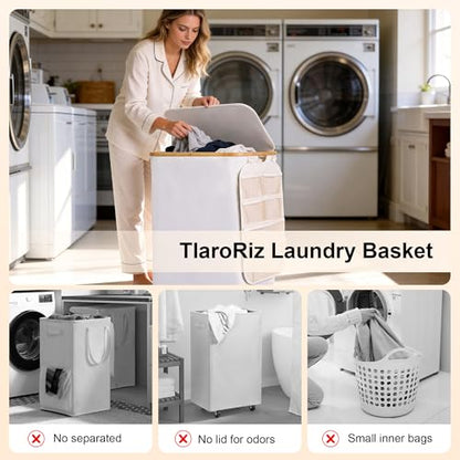 Laundry Basket 160L Laundry Hamper 3 Section, Large 42.3 Gal Separated Laundry Hamper with Lid & Removable Liners, laundry organizer with 6 Pockets & Handles for Bedroom Laundry Room, Beige - color: Beige