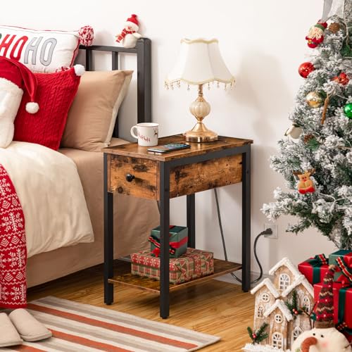 HOOBRO End Table with Charging Station, Narrow Side Table, Small Nightstand, Bedside Tables with Drawer and Storage Shelves, for Small Spaces, Living Room, Bedroom, Rustic Brown and Black BF041BZ01G1 - color: Rustic Brown+black