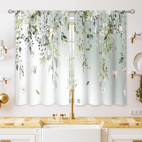 Sage Green Eucalyptus Small Kitchen Curtains Watercolor Leaves Window Treatment Flower Floral Plant Botanical Butterfly Cafe Short Curtains for Bathroom Dining Tier Treatment Drapes 26x30 inch - color: 03 Gradient Green, size: 26"W x 30"L (Pack of 2)