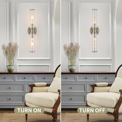 Rayogale Nickel Wireless Battery Operated Wall Sconces with Remote Control | Glass Rechargeable Wall Lights Set of 2 with Timer Function Dimmable for Living Room Bedroom Emergency 3000K, 20.5 Inch - color: Nickel(Clear Tubular Lampshade)