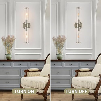 Rayogale Nickel Wireless Battery Operated Wall Sconces with Remote Control | Glass Rechargeable Wall Lights Set of 2 with Timer Function Dimmable for Living Room Bedroom Emergency 3000K, 20.5 Inch - color: Nickel(Clear Tubular Lampshade)