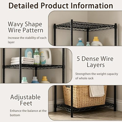 Wire Storage Standing Shelf Rack Tower, Corner Metal Shelving Unit with Adjustable Shelves, Space-Saving Organizer for Garage, Kitchen, Bathroom, 18 * 18 Inch