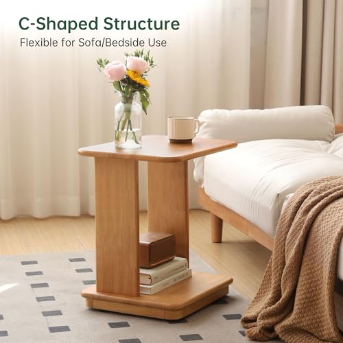 C Shaped End Table Set of 2, Solid Wood Side Table with Wheels, Natural Wood Nightstand, 2-Tier Wood Sofa Table Coffee Table for Living Room, Bedroom, Home Office(19.69" H) - color: Natural-19.69"h-2p
