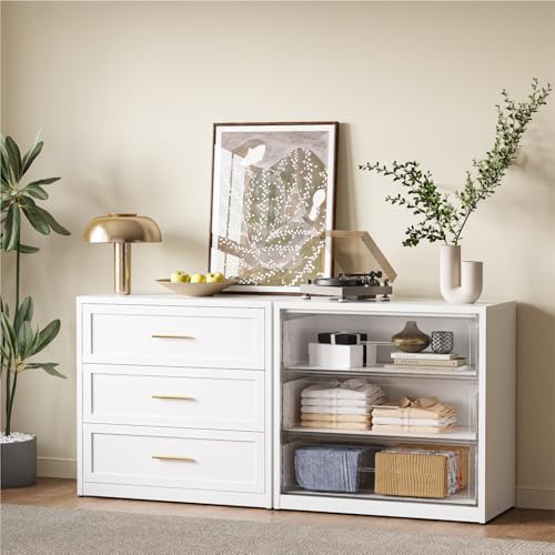 COFaR Metal Dresser for Bedroom, White Metallic Bedroom Dresser with 3 Drawers and Gloden Handle, Dressers & Chests of Drawers for Nightstand Bedside, 31.5in Wide White - color: White, size: Farmhouse 3 Drawer