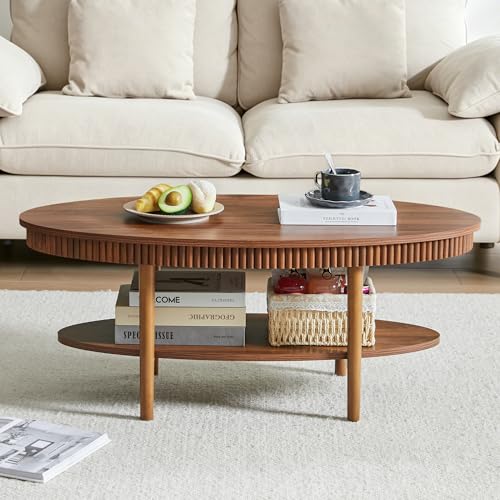 Turtle&Myrtle Oval Coffee Table, Mid-Century Modern Fluted Coffee Tables with 2-Tier Storage Shelf, 39.4" Wood Small Center Table for Living Room, Office, Easy Assembly, Walnut Brown