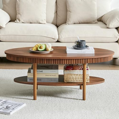 Turtle&Myrtle Oval Coffee Table, Mid-Century Modern Fluted Coffee Tables with 2-Tier Storage Shelf, 39.4" Wood Small Center Table for Living Room, Office, Easy Assembly, Walnut Brown