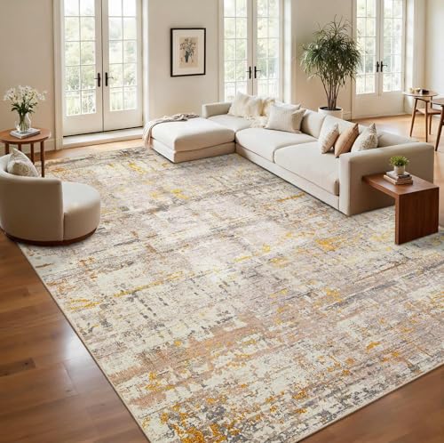 9x12 BeigeGold Modern Abstract Neutral Washable Rug for Living Room | Machine Washable,Soft,Non-Slip,Large Rug,Stain Resistant Low Pile Carpet for Office Dining Room Kitchen Home Deco - color: Beige Gold, size: 9' x 12' (Rectangular)