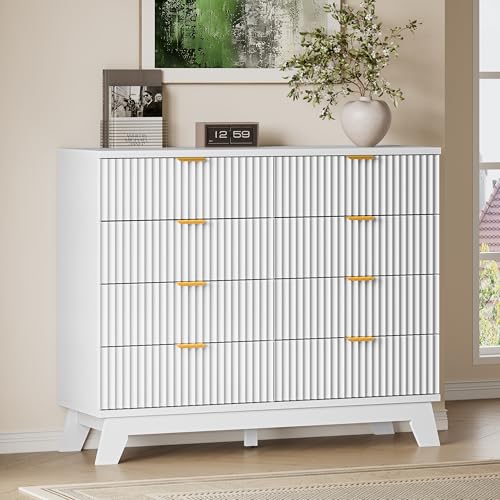 BORNOON Fluted 8 Drawer Tall Dresser, 47.2" Wide Modern Boho Chest of Drawers, Wooden Storage Dresser TV Stand for Bedroom, Living Room, Closet, Hallway, Curved Profile Design - color: Pure White, size: 8 Drawers