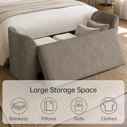 Usaint 58.3" Upholstered Storage Ottoman Bench with 2 Throw Pillows, Brown | End of Bed Bench with Curved Arms and Thickened Seat Cushion for Bedroom, Livingroom, Window, Entryway and Dressing Areas - color: Brown