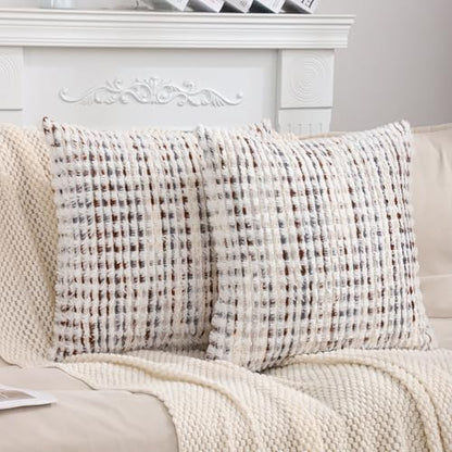 LUOYEHK Boho Throw Pillow Covers 20x20 Inch Set of 2 Farmhouse Neutral Pillow Covers Chenille Tufted Pillowcase for Couch Sofa Bed Living Room, Brown White - color: Brown White, size: 20" x 20" (Pack of 2)