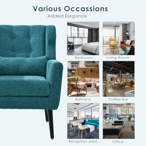 Accent Chair, Living Room Chairs with Solid Wood Legs & Pillow | Chairs Living Room with High Tufted Backrest, Reading Chair for Bedroom/Office, Chenille Fabric - color: Teal