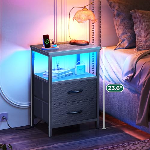 Huuger Night Stand with Charger Station and LED Lights, 2 Drawer Nightstand | Bed Side Table with Open ShelfEnd TableFabric Dresser for Bedroom, Grey and Black - color: Grey and Black, size: 11.8"D x 15.7"W x 23.6"H（2 Drawers）