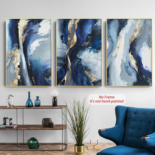 Blue White and Gold Abstract Canvas Wall Art for Living room Bedroom Home Decor Blue and White Abstract Canvas Prints Painting Navy Modern Pictures Wall Decor 16x24inx3pcs No Frame