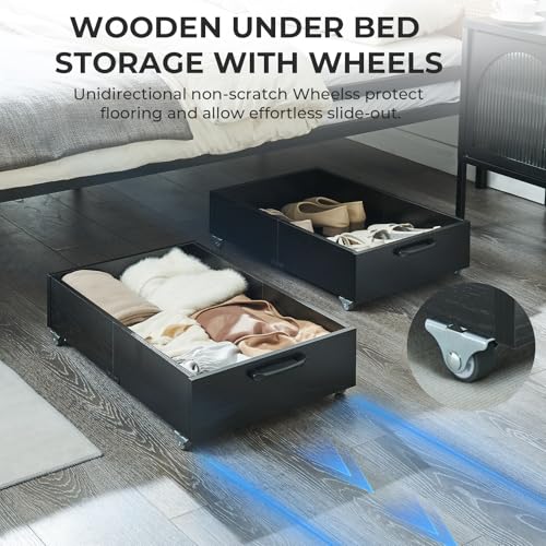 2-Pack Under Bed Storage Drawers Organizer with Wheels, Black | 58L total capacity, 80 lb per Drawer, Fits 6 in Bed Clearance, Rolling Drawers for Shoes, Clothes, Linens, Toys - color: Black